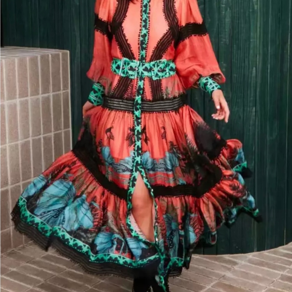 Colourful Maxi button down dress with belt.